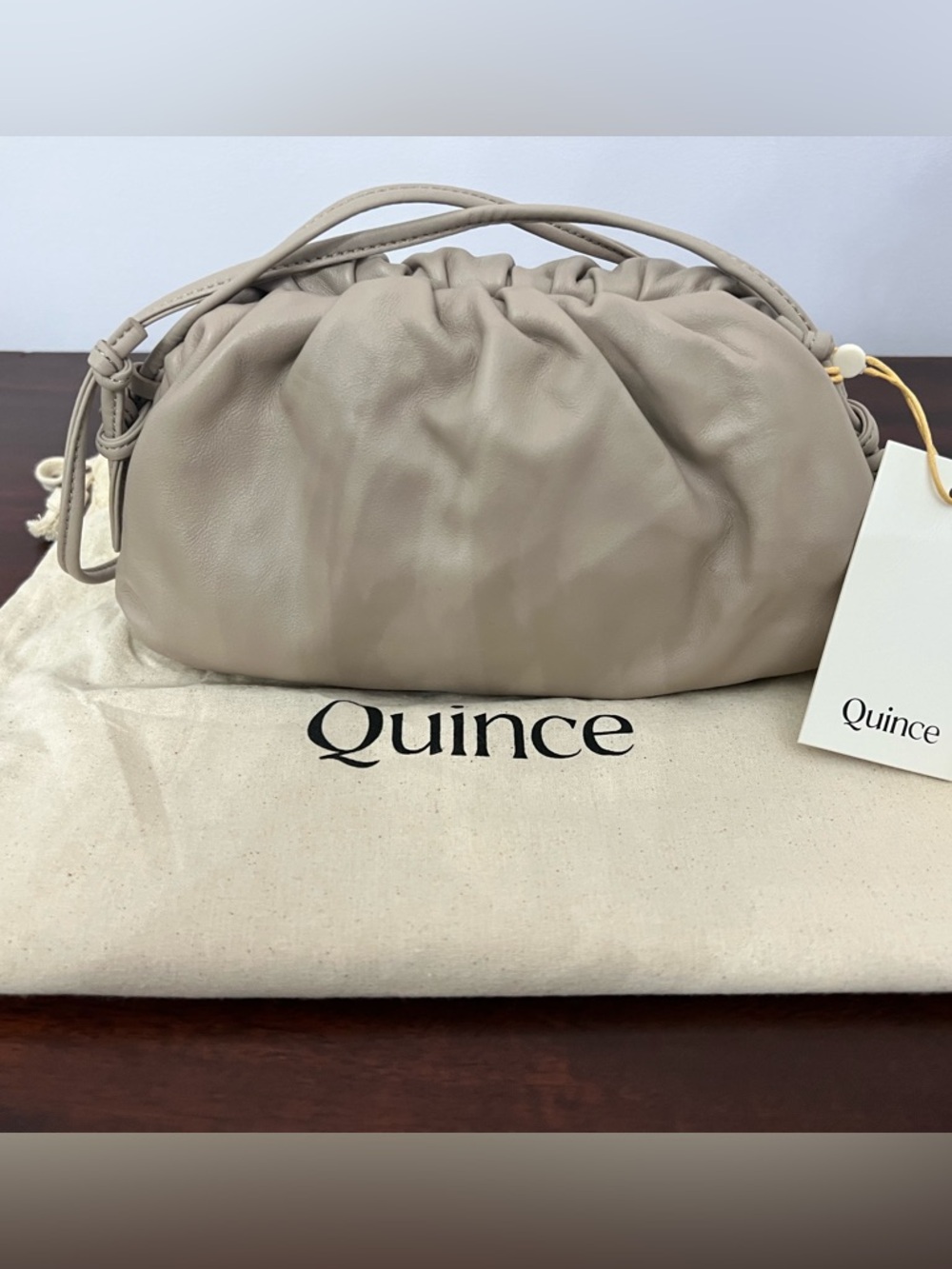 Quince Taupe Drawstring Ruched Leather Shoulder Bag